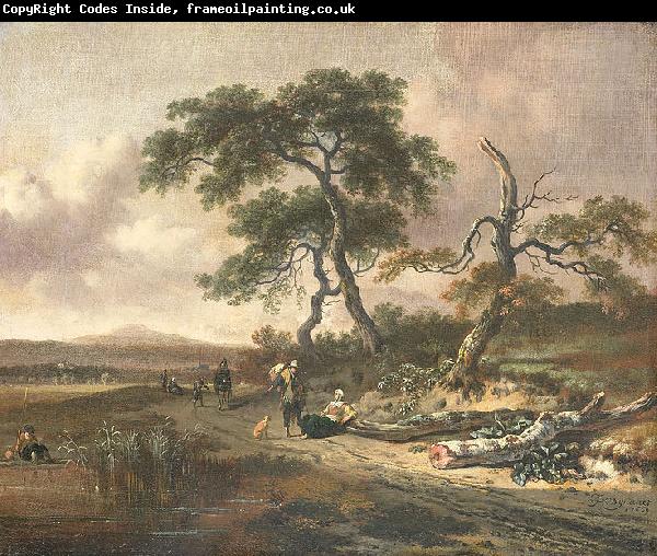 Jan Wijnants Landscape with pedlar and resting woman.